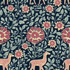  Elegant Giraffe and Floral Textile Design: A Navy Blue Botanical Print Featuring Stylized Giraffes and Flowers