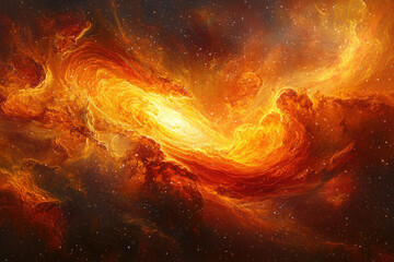 Poster - Fiery cosmic nebula swirls in a vibrant display of orange and yellow hues, speckled with distant stars.