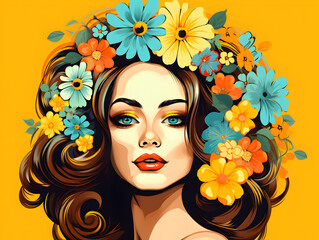 colorful retro illustration portrait of a beautiful woman with flowers on her head, yellow backgroun
