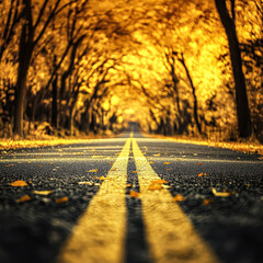 Wall Mural - road with two yellow lines and trees in the background