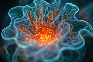 Poster - Abstract art depicting a glowing, bioluminescent organism with intricate, flowing structures and vibrant orange core.
