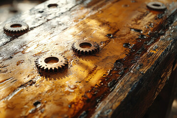 Aufkleber - Rustic wooden table with embedded metallic gears, showcasing steampunk aesthetics.