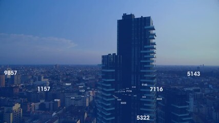 Poster - Smart analytics showing skyscraper balconies with numeric data floating above skyline in 3D render