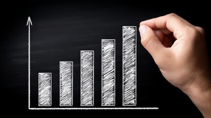Poster - Growing Business Success Chart - Hand drawing upward trending bar graph on blackboard, symbolizing growth, progress, and achievement