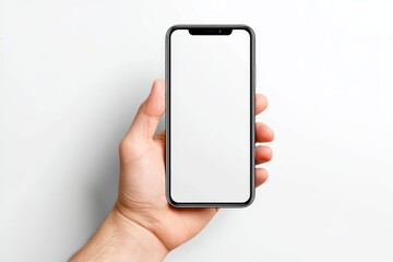 Poster - Hand Holding Smartphone Mockup - A hand holds a smartphone with a blank white screen against a white background. Perfect for app presentations or website mockups