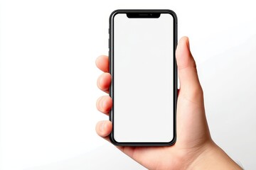 Poster - Hand Holding Smartphone Mockup - Close-up of a hand holding a smartphone with a blank white screen, isolated on a white background. Perfect for app presentations or website designs