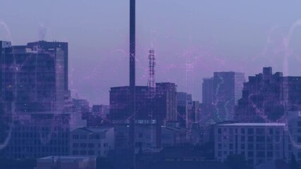 Poster - Smokestack with tower being animated rising above skyline, purple circuit lines streaking in 3D