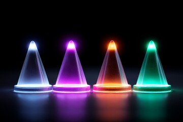 Poster - Illuminated Conical Light Displays - Four glowing cones, vibrant colors, futuristic design, elegant display, modern technology. Symbolizing innovation, progress, energy, celebration, and technology