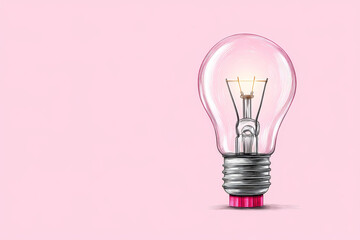 Poster - Illuminated Idea: A Glowing Light Bulb - A single light bulb glows brightly against a soft pink background, symbolizing inspiration, innovation, and new ideas