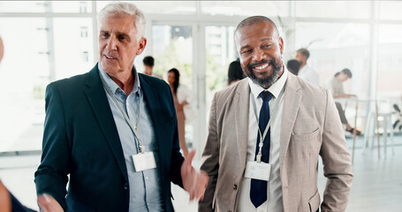 Poster - Conference, meeting and networking with business people at expo for global forum, investor summit and team. Tradeshow seminar, b2b convention and event with employees in lobby for brand exposure