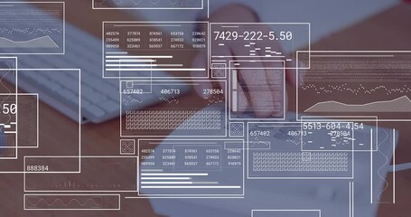 Aufkleber - Female professional using laptop trackpad on wooden desk, displaying animated tech HUD data charts