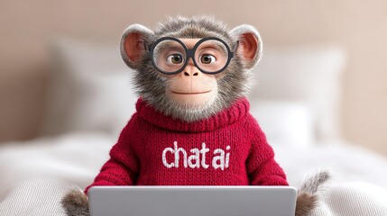 Poster - Monkey Business: Chat AI and the Smart Primate - A charming monkey wearing glasses uses a laptop, symbolizing technology, intelligence, communication, progress, and the future of AI