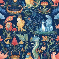 Naklejka na meble Enchanted Fantasy Floral Tapestry: Mythical Creatures and Vibrant Botanicals in a Dark Blue Realm