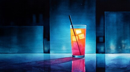 Poster - Night City Glow: Watercolor Drink - A single drink sits on a table, illuminated, symbolizing solitude, urban nightlife, refreshment, tranquility, and the passage of time