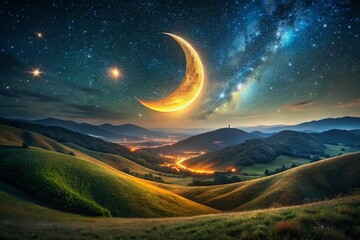 Wall Mural - Serene Night Landscape: Golden Crescent Moon and Starry Sky over Rolling Hills