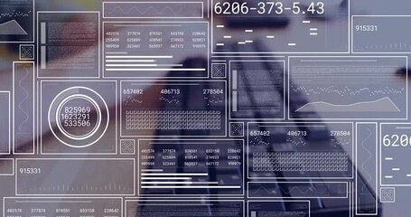 Poster - Semi-transparent panels hovering above blurred laptop and smartphone, displaying data charts