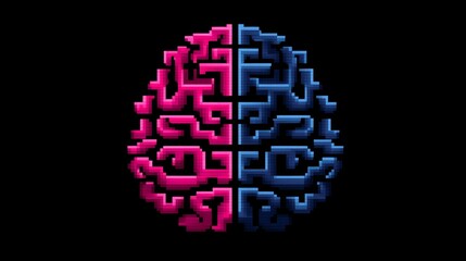 Poster - Pink and Blue Pixel Art Human Brain Illustration - Pixel art brain, divided, pink and blue, symbolizes intellect, creativity, logic, memory, and consciousness