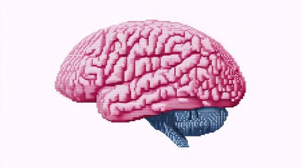 Poster - Pink and Blue Pixel Art Human Brain Illustration - Pixel art brain, medical illustration, neuroscience, cognitive function, mental health. Symbolizing intelligence, knowledge, thought, memory