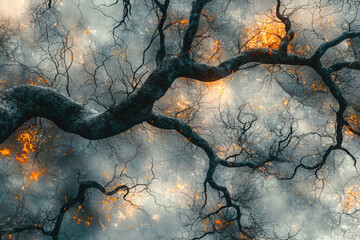 Poster - a surreal view of a forest canopy with dark, gnarled branches and hints of fiery orange light.