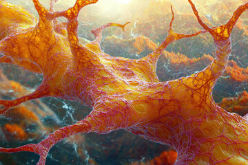 Poster - Microscopic view of a complex, branching, orange and red neural network or similar biological structure.