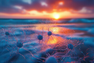 Poster - Microscopic view of neurons at sunset, showcasing intricate neural networks against a vibrant backdrop.