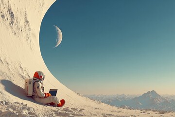 Wall Mural - the scene is set in a futuristic world. astronaut with labtop concept.