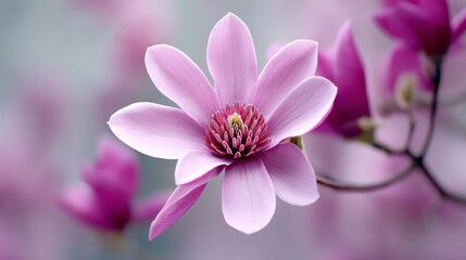 Poster - Pink Magnolia Blossom Close Up - Delicate pink magnolia flower in full bloom, soft focus background. Perfect for spring themes, nature, and floral designs