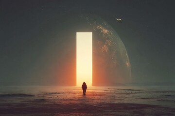 Wall Mural - a man is walking through a large, open space with a planet in the background. astronaut concept.