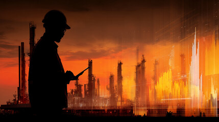 Poster - Silhouette of an engineer holding a tablet against the backdrop of an orange-lit refinery, overlaid with data graphs, symbolizing industrial process monitoring, control, and technological advancement 