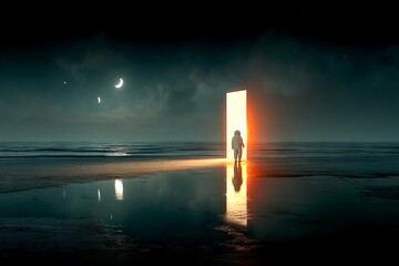 Wall Mural - a man in a white suit stands in front of an open door in the ocean. astronaut concept.