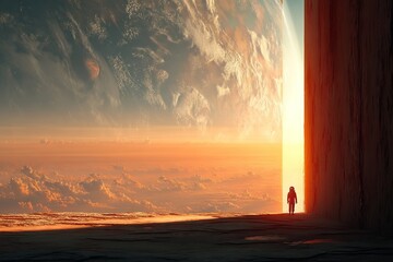 Wall Mural - a man in a spacesuit stands in front of a large, empty building. astronaut concept.