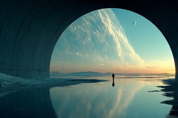 Wall Mural - a man stands in front of a large body of water, with a large moon in the sky. astronaut concept.