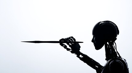 Poster - Robot Artist at Work - Silhouette of a robot holding a stylus, creating art. A futuristic concept of artificial intelligence and creativity