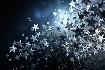 Wall Mural - Silhouette of Falling Silver Stars on Black Background - Cosmic Night Stock Photo