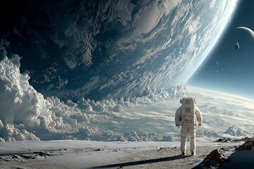 Wall Mural - a man in a spacesuit stands on a rocky surface looking up at a large planet. astronaut concept.