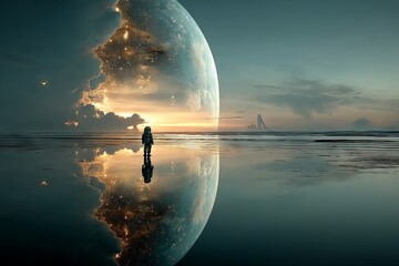 Wall Mural - a man in a space suit stands on a beach in front of a large moon. astronaut concept.