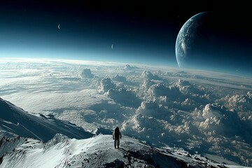 Wall Mural - a man in a space suit stands on a snowy mountain peak. astronaut concept.