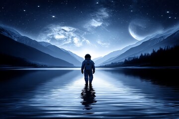Wall Mural - a man in a spacesuit is walking across a lake in a blue sky. astronaut concept.