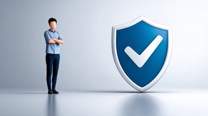 Poster - Secure Future, Protected Life - A man stands confidently beside a large blue shield with a checkmark, symbolizing security and protection