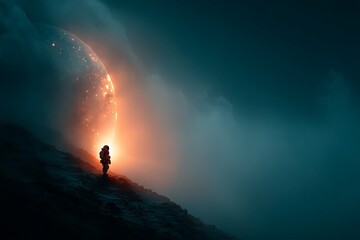 Wall Mural - a man in a spacesuit is walking on a rocky hillside. astronaut concept.