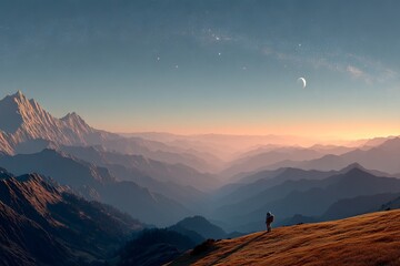 Wall Mural - a person is standing on a mountain top at sunset. astronaut concept.