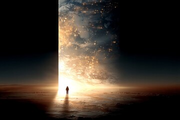 Wall Mural - a man stands in front of a large, glowing, glowing, glowing, glowing, glowing. astronaut concept.
