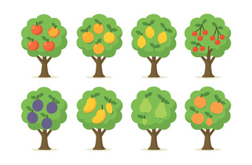 Fruit tree icons set: vibrant collection of stylized fruit trees (flat style). Vector icons