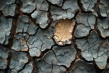 Poster - Close-up of dark, cracked tree bark texture with a lighter section, showing natural aging and weathering.