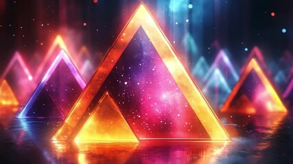 Poster - Glowing Triangles: A vibrant digital display of illuminated triangles, showcasing radiant light, color, and intricate geometric shapes.
