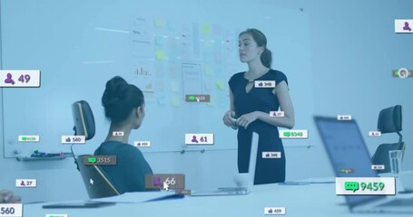 Poster - Woman presenting at glass whiteboard in business meeting, displaying floating engagement icons