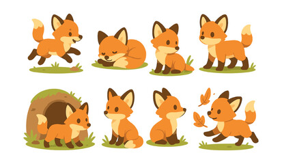  Charming fox cub icons set: playful and adorable foxes in various poses. Vector icons
