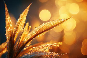 Poster - Golden grass blades glistening with dew, illuminated by warm bokeh lights.