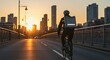 © Dmitry - Man on bicycle with delivery bag riding across a bridge with city skyline view at sunrise concept for urban courier service.