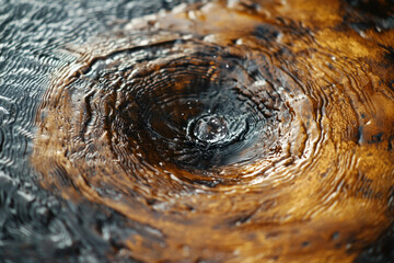 Poster - Water droplet impacting dark brown wooden surface, creating concentric ripples.